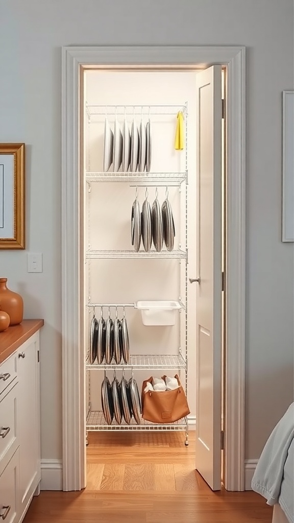 Organized pantry door with vertical storage for baking sheets and a basket for smaller items.