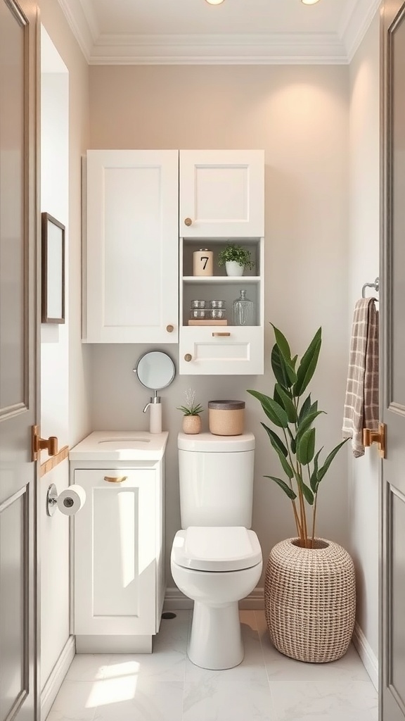Small bathroom with vertical storage, featuring white cabinetry and a potted plant.