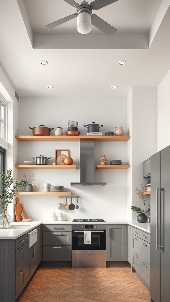 A modern kitchen featuring vertical storage solutions with floating shelves, pots, and plants.