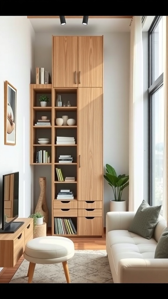 A modern vertical storage unit made from light wood, featuring multiple shelves and drawers, placed in a bright living room setting.