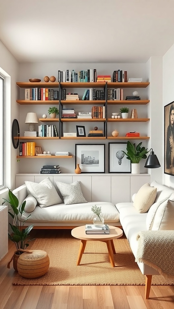 Cozy living room featuring vertical wall shelves filled with books and decor.
