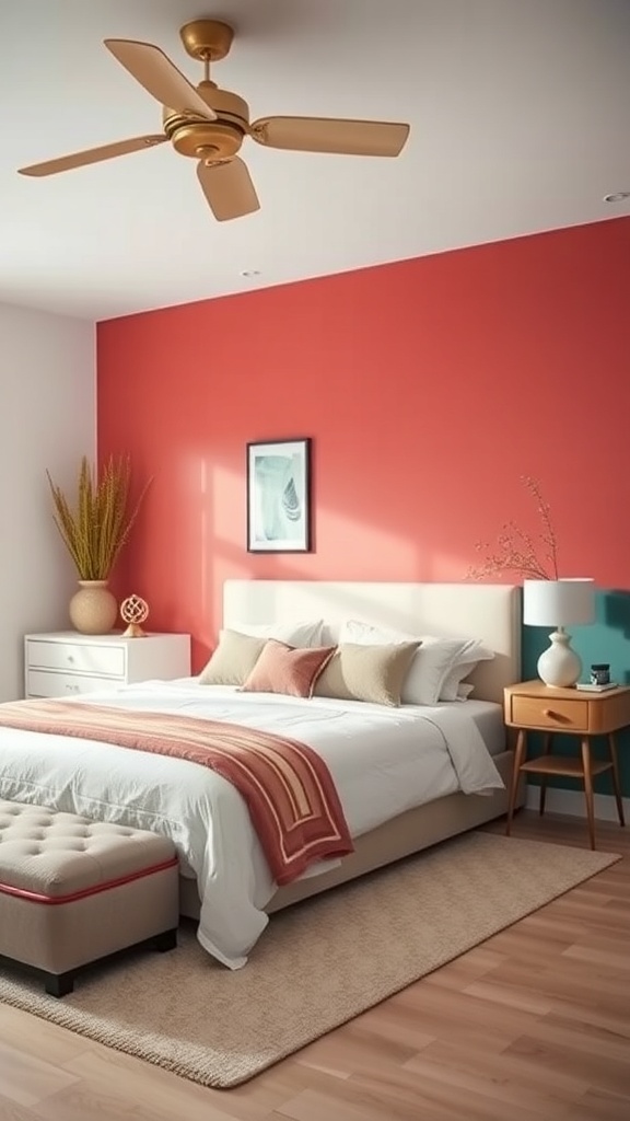 A cozy bedroom featuring a vibrant coral accent wall, white bedding, and stylish decor.