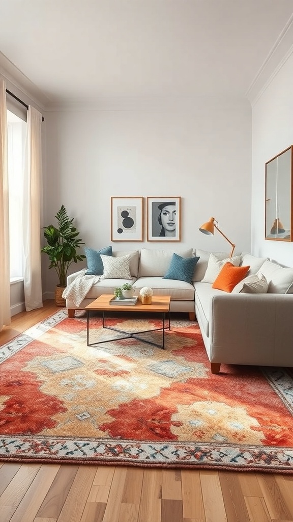 A cozy living room featuring a colorful area rug with warm tones, a light sofa, and decorative cushions.