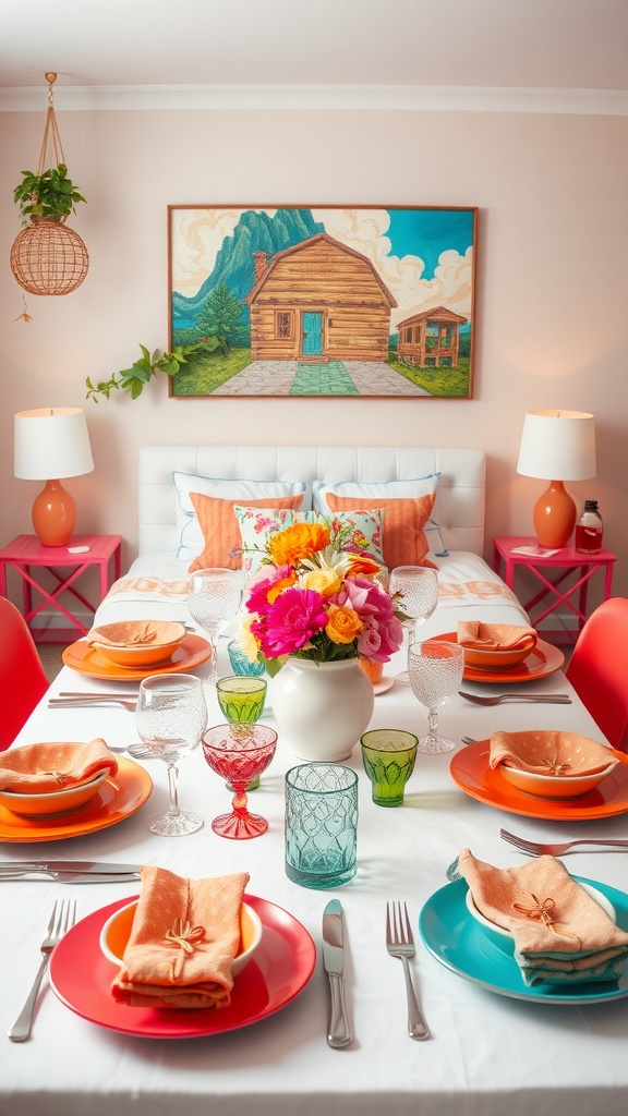 A colorful dining table set with vibrant plates, glasses, and a floral centerpiece.
