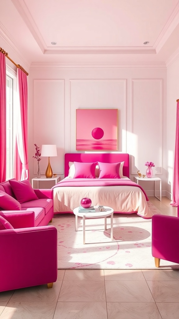 A stylish pink room with fuchsia accents, featuring a bed, sofa, and decorative elements.