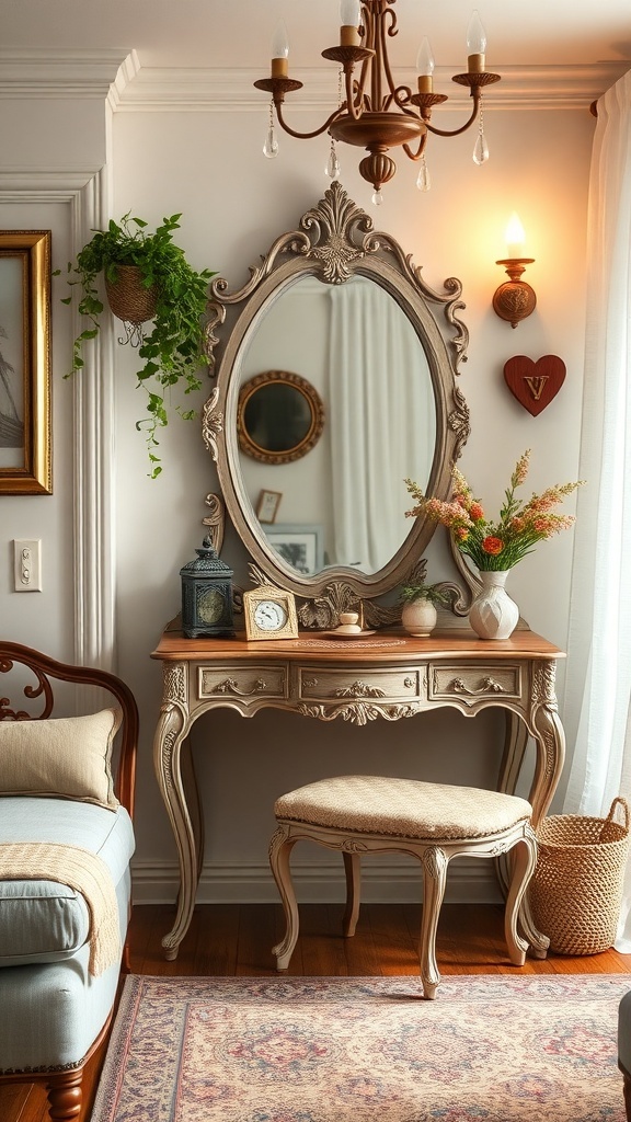A vintage-inspired mini vanity with an ornate mirror, surrounded by plants and decorative items.