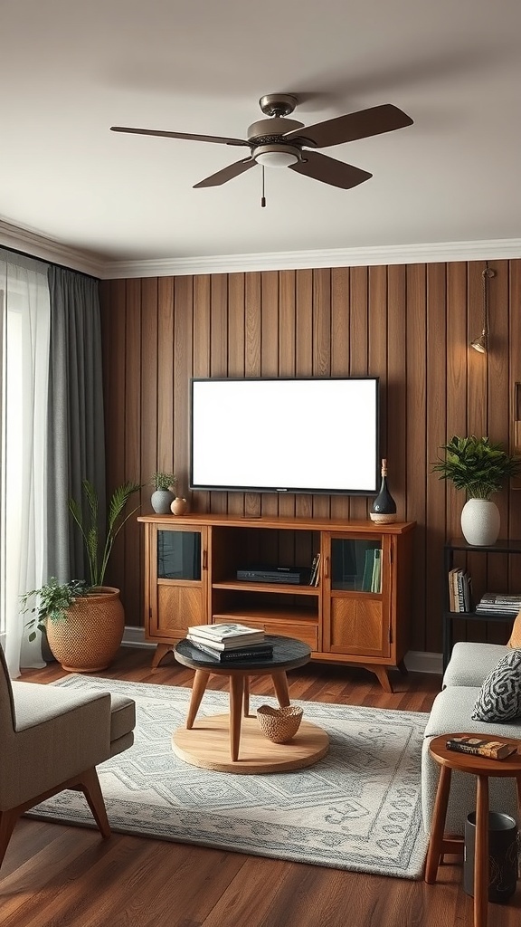 A cozy living room featuring a vintage-inspired wooden TV unit with plants and modern decor.
