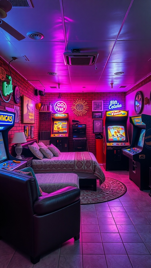 A vintage arcade game area in a basement featuring arcade machines, neon lights, and a cozy bed.