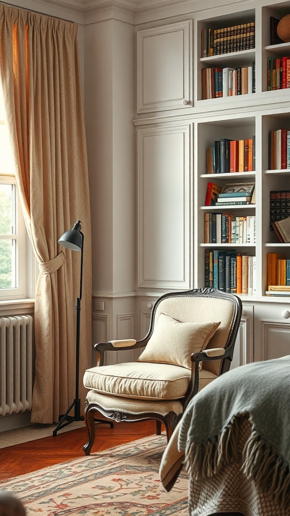 A vintage armchair with a reading lamp beside it, surrounded by bookshelves.