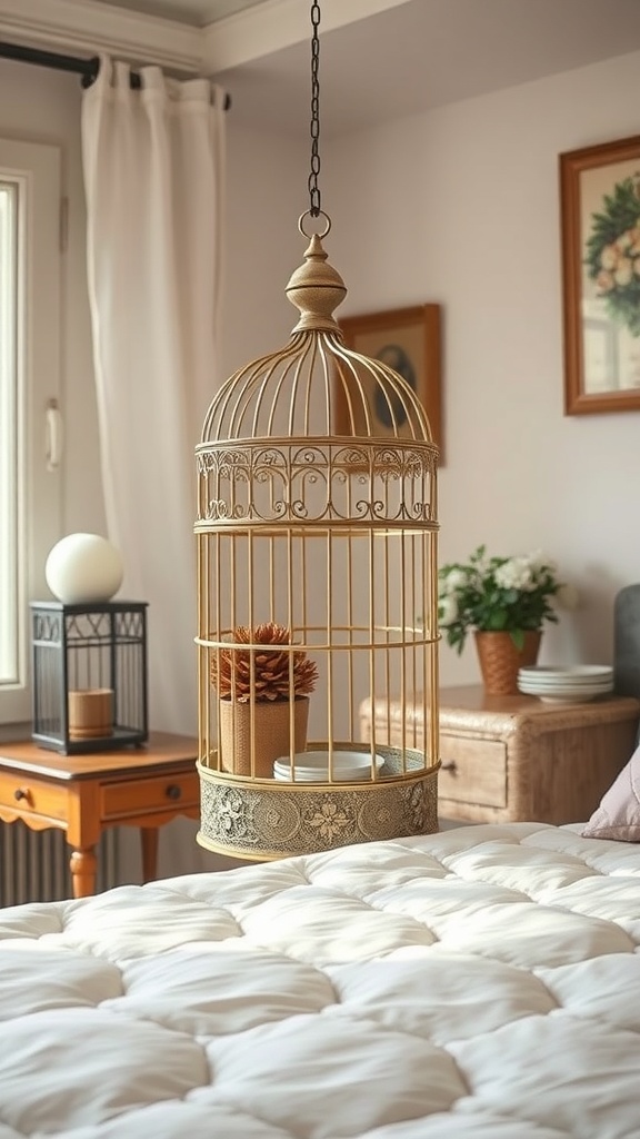 A vintage golden bird cage hanging above a bed, holding a potted plant and plates, with a cozy room setting.