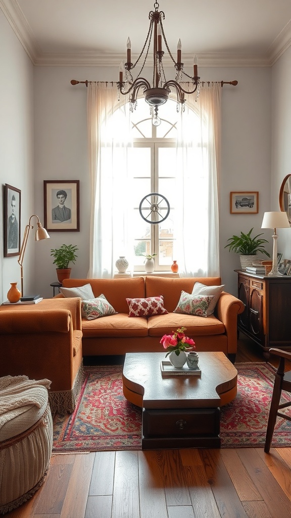 Cozy living room featuring a brown sofa, vintage chandelier, and wooden elements.