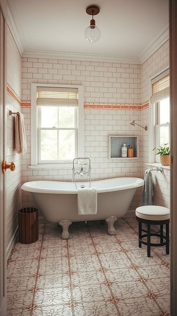 A vintage-inspired shower room featuring a clawfoot tub, white subway tiles, patterned floor tiles, and natural light.