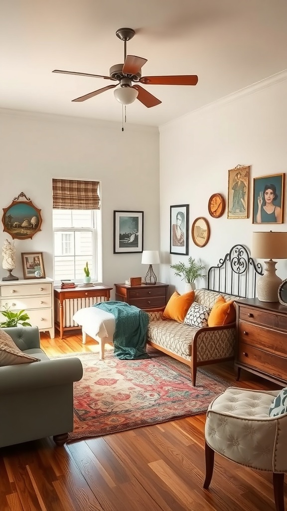 A cozy vintage room featuring retro furniture, warm wooden floors, and charming artwork.