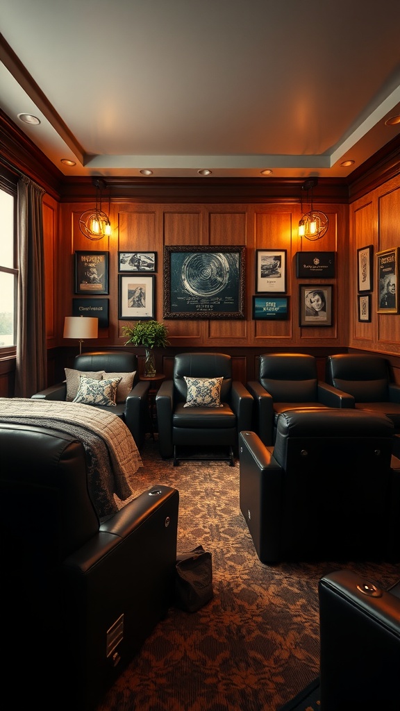 A cozy home theater with leather chairs, wooden paneling, and vintage movie posters.