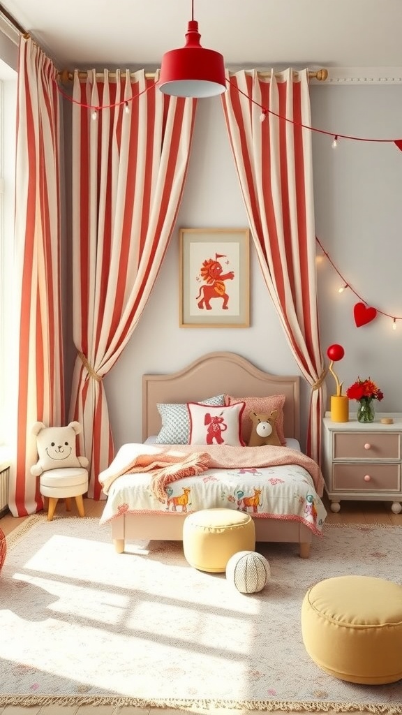 A vintage circus-themed children's room with red and white striped curtains, playful animal decor, and cozy lighting.