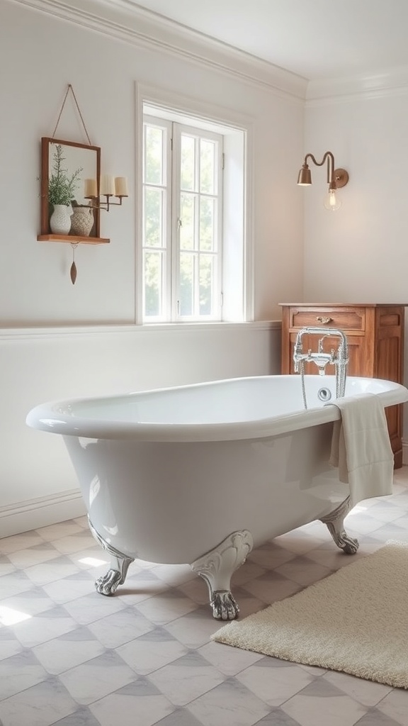 A vintage clawfoot bathtub in a bright bathroom with natural light, a wooden cabinet, and a soft rug.