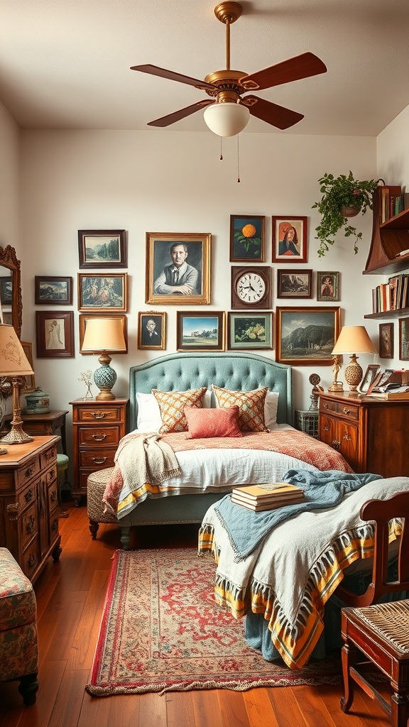Cozy vintage eclectic bedroom with framed artwork, teal headboard, and wooden furniture