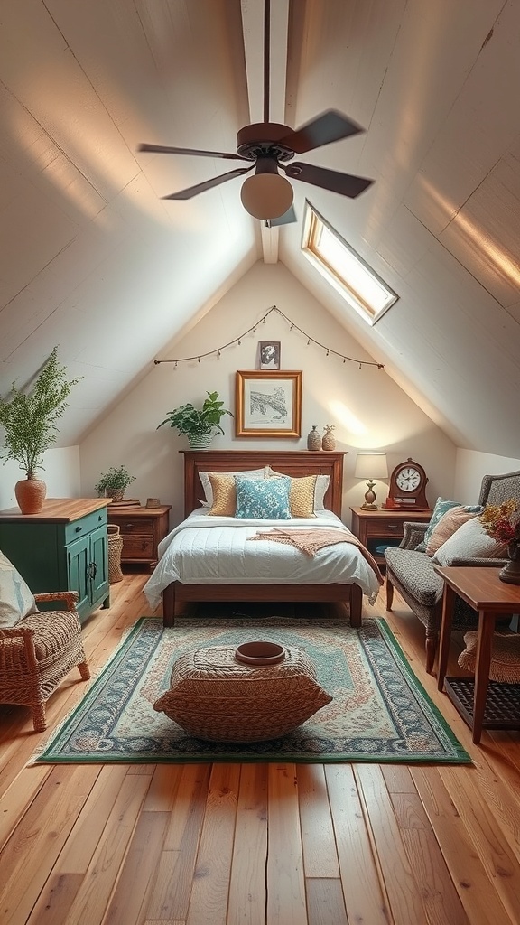 Cozy vintage attic bedroom with a wooden bed, woven furniture, plants, and soft lighting.