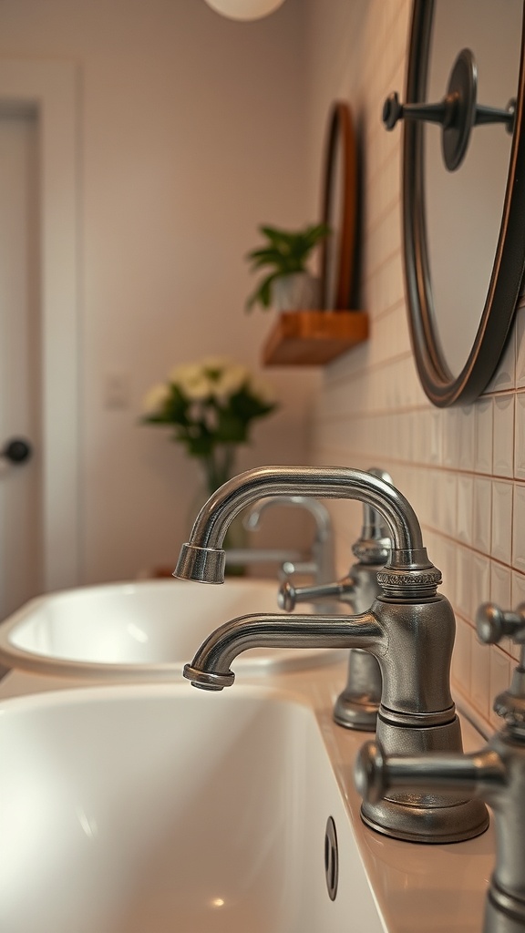 Close-up of vintage-style faucets in a rustic bathroom setting