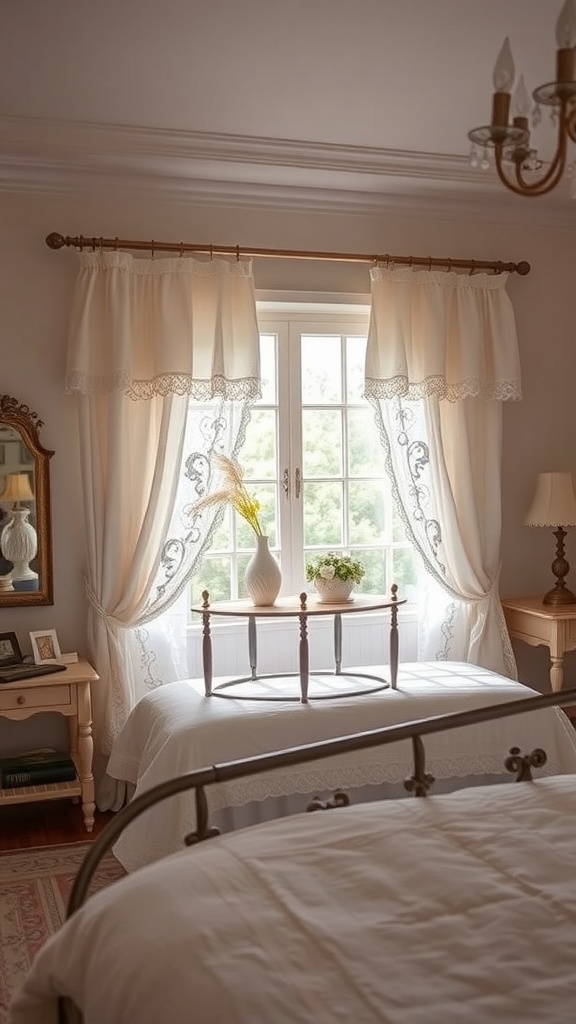 A cozy bedroom featuring double curtain rods with lace and ruffled curtains, creating a vintage look.