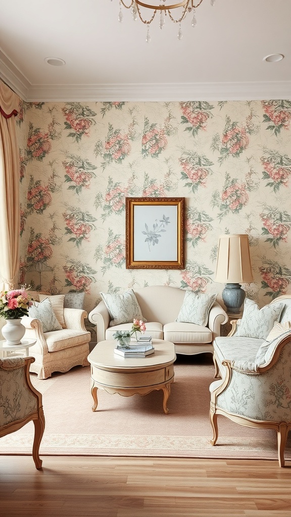 Cozy living room with vintage floral wallpaper and elegant furniture