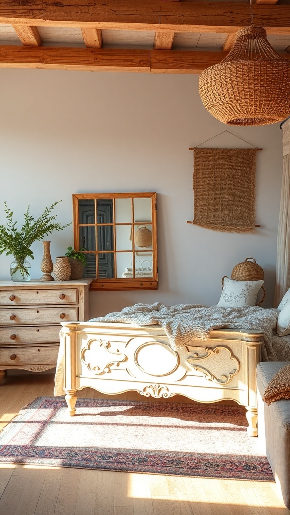 A cozy boho bedroom featuring vintage furniture, including an ornate bed, a wooden dresser, and decorative elements.