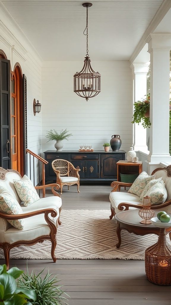 A vintage-inspired porch with elegant furniture, soft cushions, and a warm light fixture.