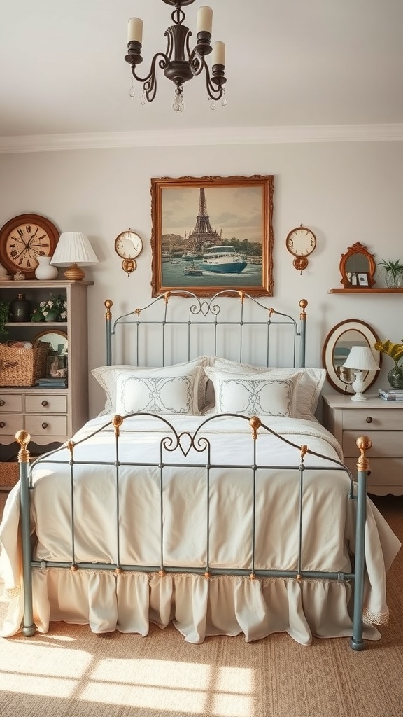 A vintage iron bed frame with a soft blue color and golden accents, featuring elegant bedding and surrounded by vintage decor.