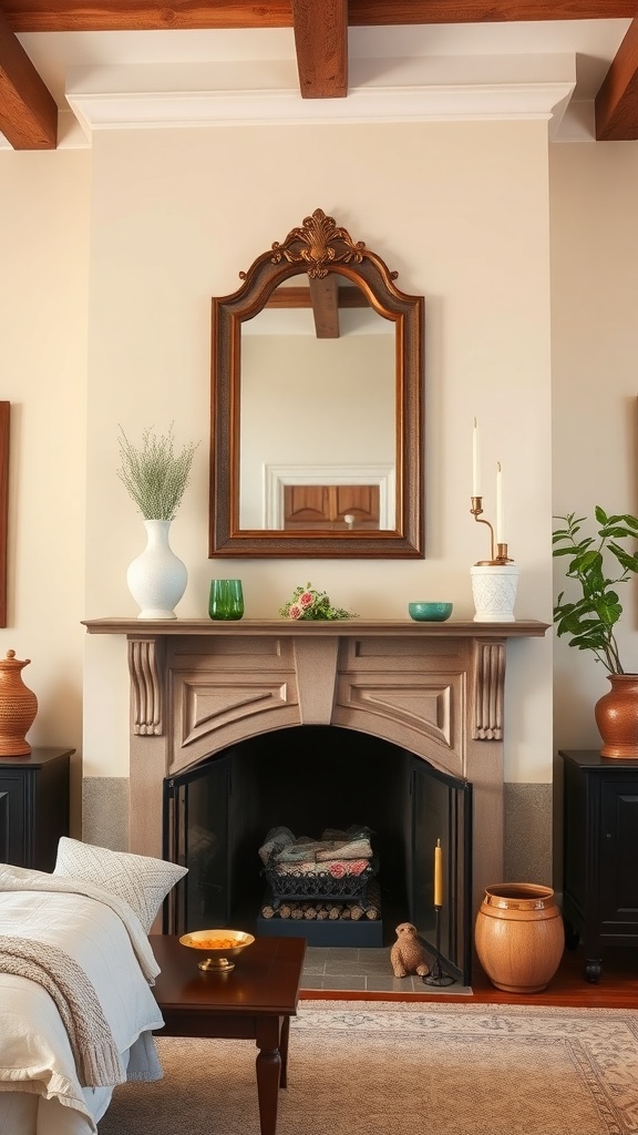 A vintage mirror above a classic fireplace in a cozy living room setting.