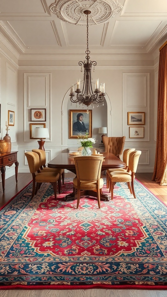 A vintage Persian rug in a dining room setting with elegant furniture and decor.