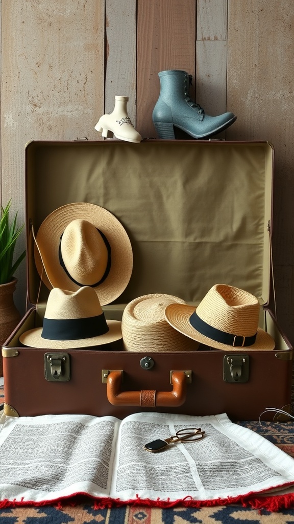 A vintage suitcase filled with hats and decorative items, showcasing a stylish storage solution.