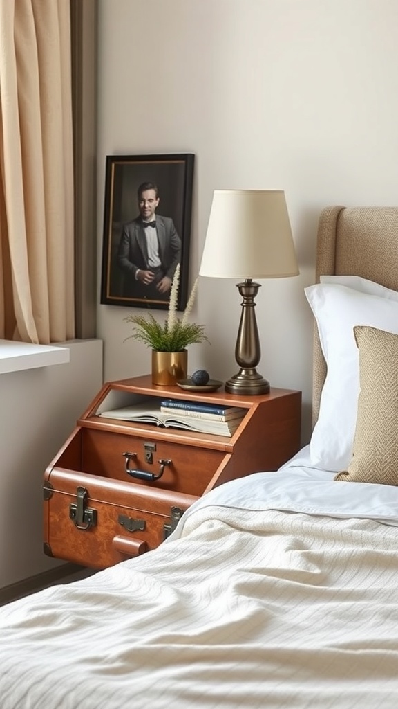 A vintage suitcase used as a nightstand with a lamp, books, and a small plant.
