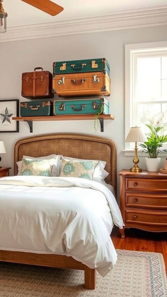 Vintage suitcase shelves above a bed, adding unique storage and decor