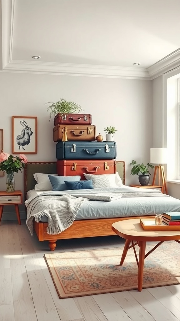 A stack of vintage suitcases in a cozy bedroom setting, serving as a unique room separator.