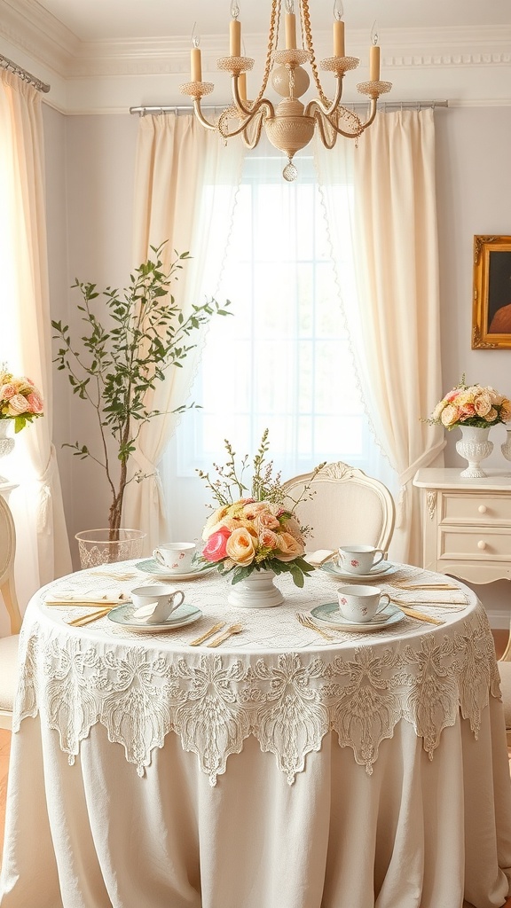 A beautifully arranged vintage tea party table with lace tablecloth, china cups, and fresh flowers.