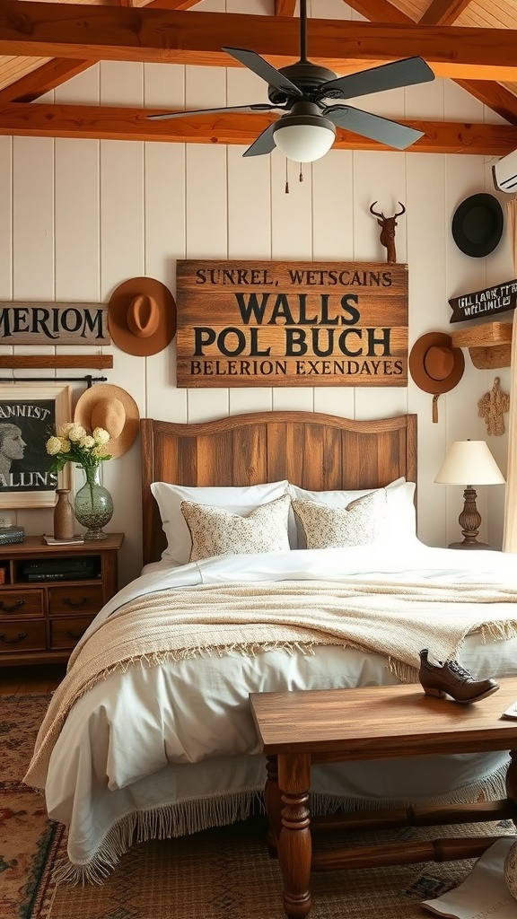 A cozy vintage Western bedroom with wooden beams, a neatly made bed, and Western-themed decor.