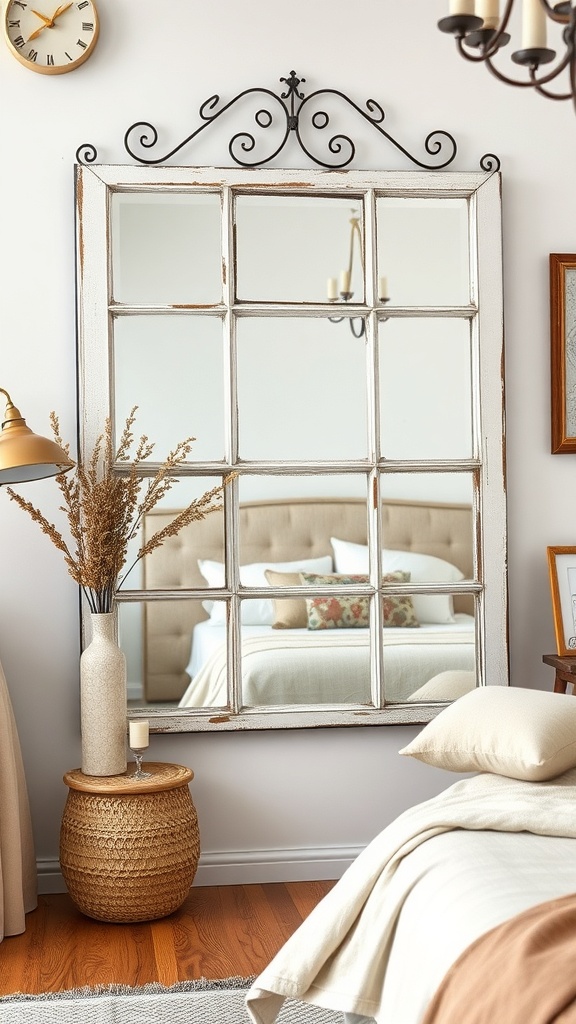 A vintage window frame transformed into a mirror, featuring a weathered look and decorative elements.