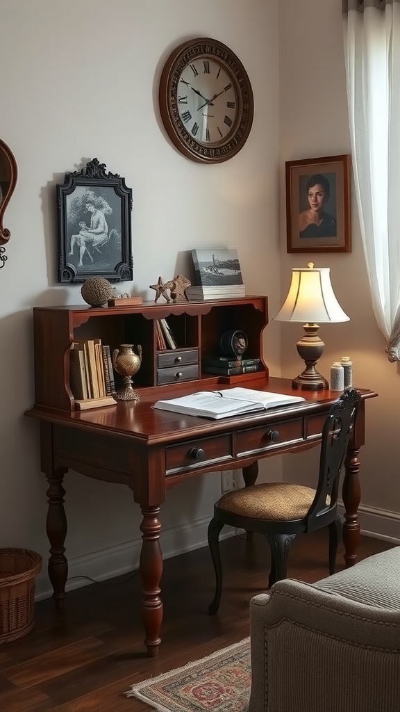 A vintage writing desk with decorative items and artwork in a cozy bedroom setting.