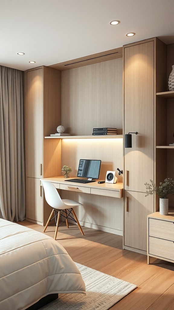 A modern wall-integrated desk in a cozy bedroom, showcasing a functional workspace with lighting and storage.