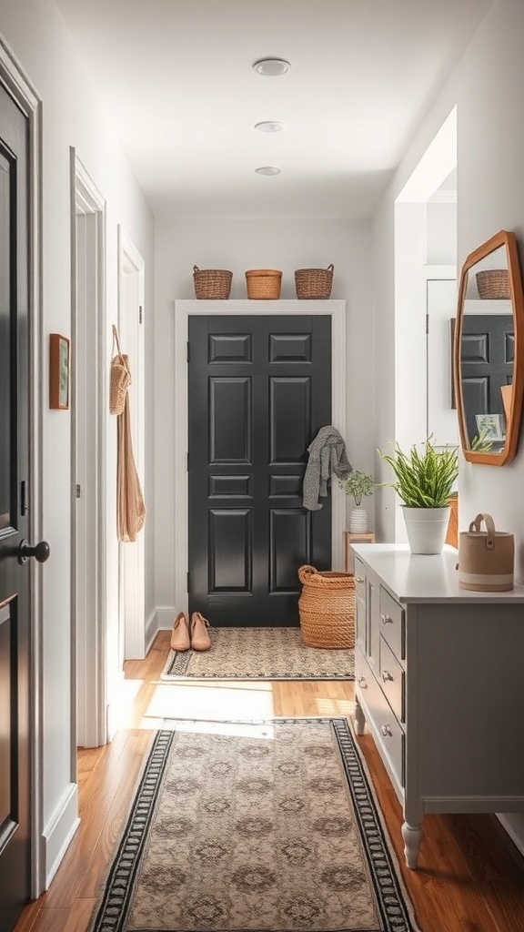 A tidy entryway with wall-mounted baskets and a dark door, combining style and organization.