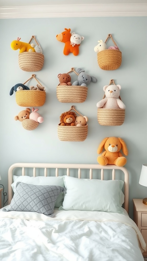 Colorful wall-mounted baskets filled with stuffed animals on a blue wall