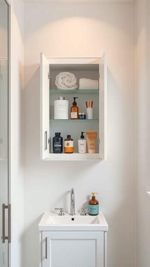 Image of a wall-mounted bathroom cabinet with towels and toiletries neatly organized.