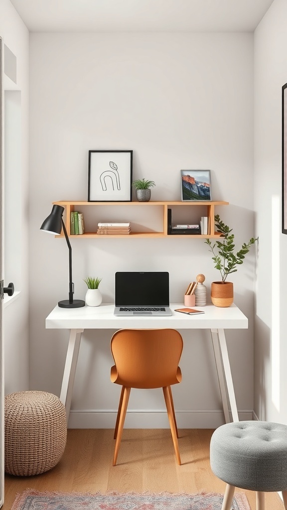 A small, stylish wall-mounted desk setup with an orange chair, a laptop, and decorative storage.