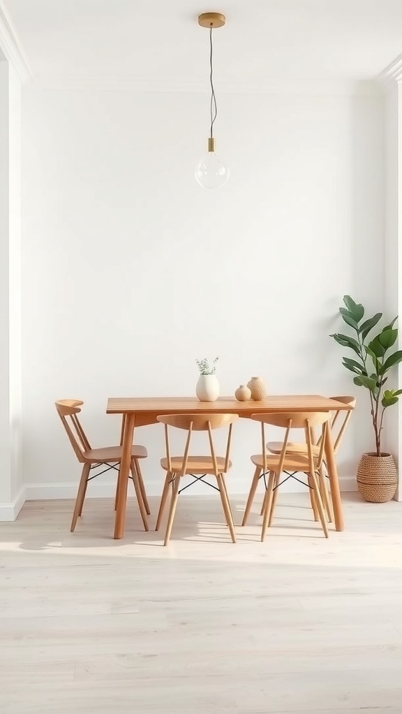 A wooden dining table with chairs in a minimalist setting.