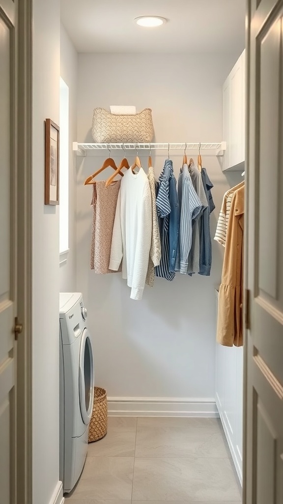 A narrow laundry room featuring a wall-mounted drying rack with various clothes hanging neatly.