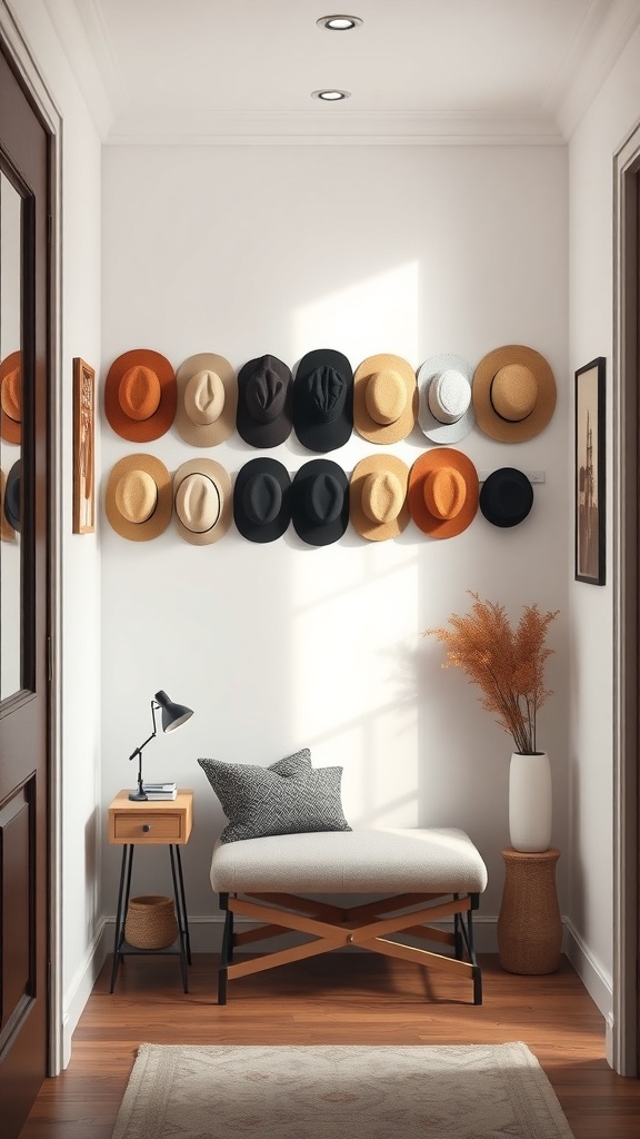 A wall-mounted display of various hats in a stylish room with a bench and lamp.