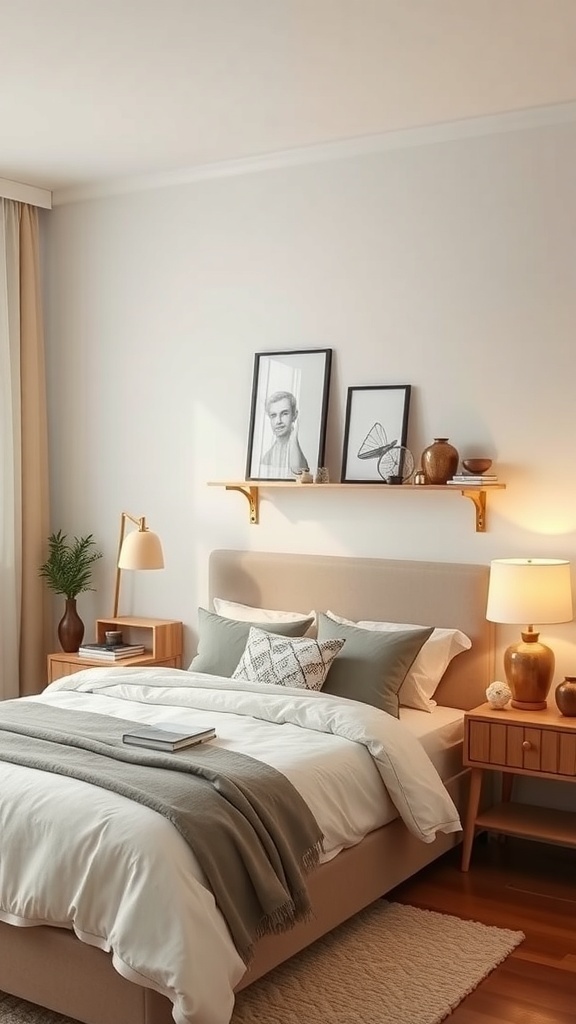 A cozy bedroom featuring wall-mounted nightstands beside a neatly made bed, with decorative elements and warm lighting.