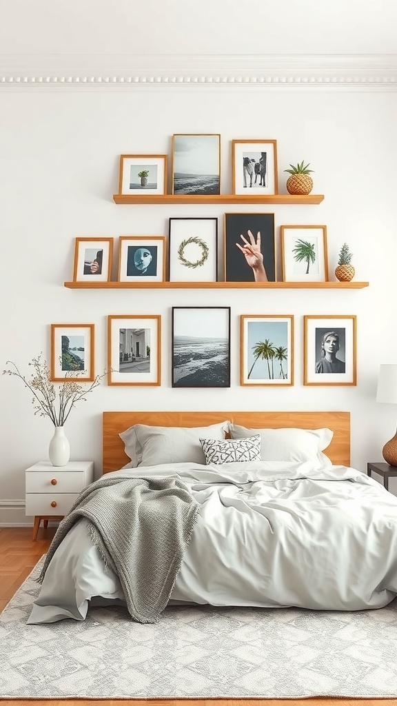 Stylish wall-mounted shelves displaying framed art and plants above a bed