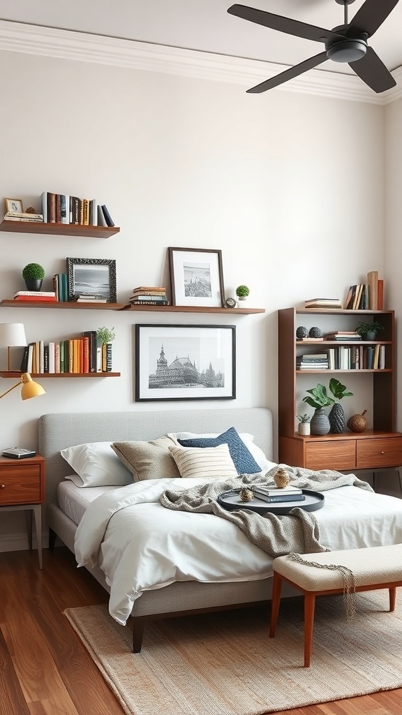 A stylish bedroom featuring wall-mounted shelves for organization.