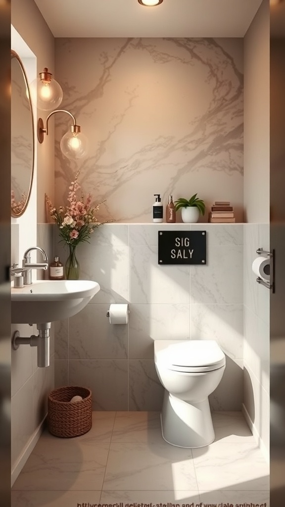 A modern tiny bathroom featuring a wall-mounted toilet and stylish decor.